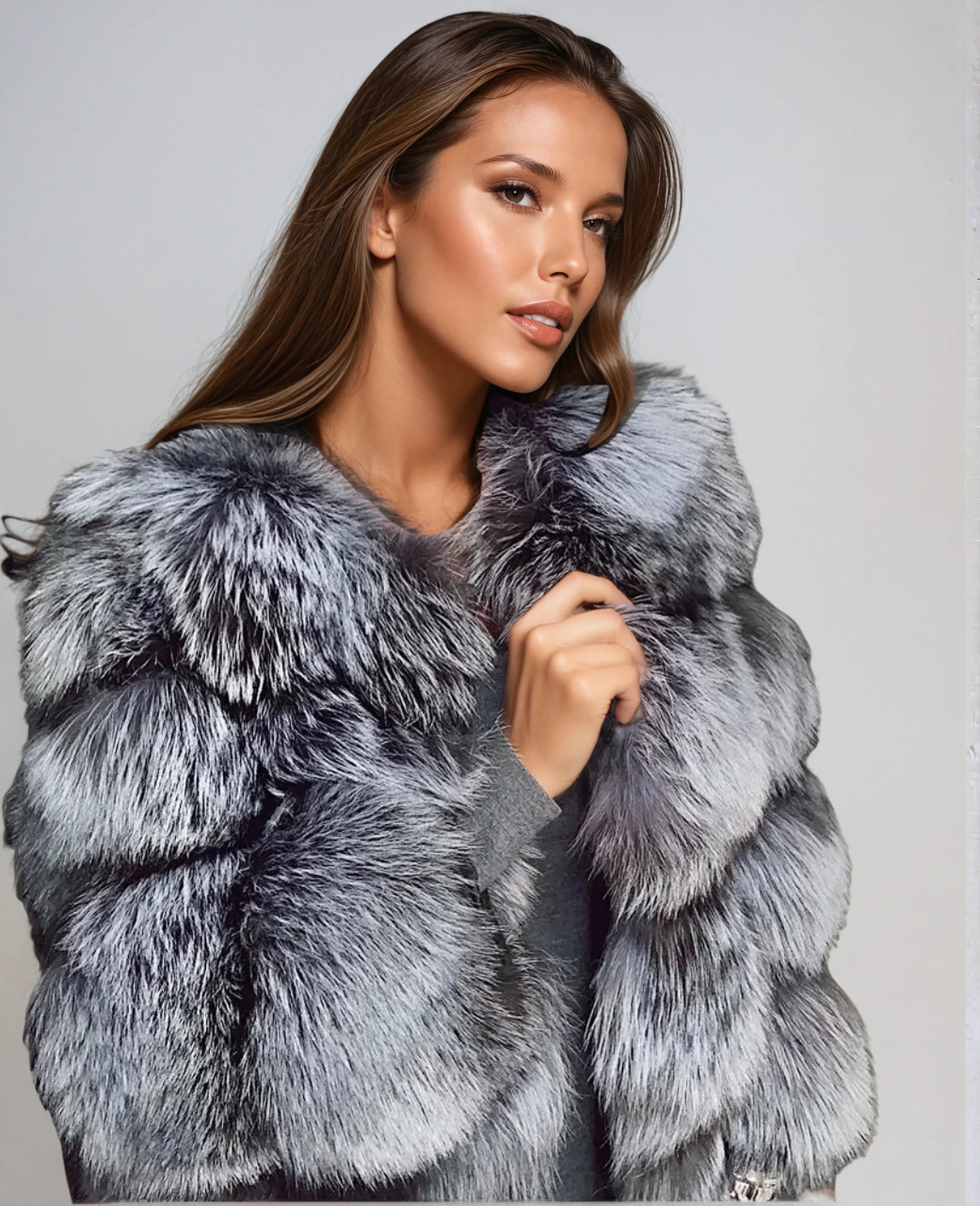Pierina - Stilvolle Damen Kunstfell Jacke Dunkelgrau