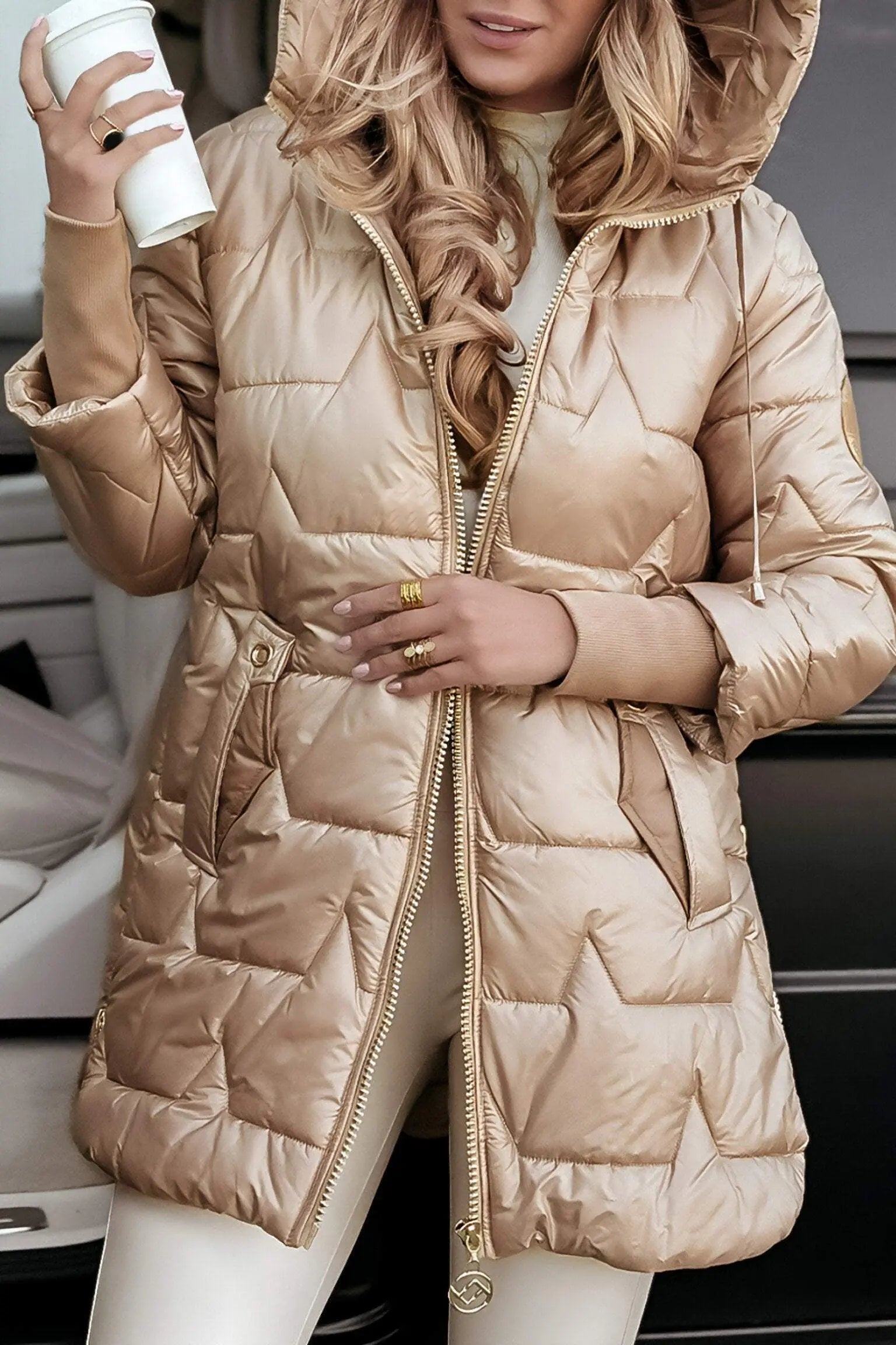 Quella - Damen Pufferjacke mit Kapuze Beige