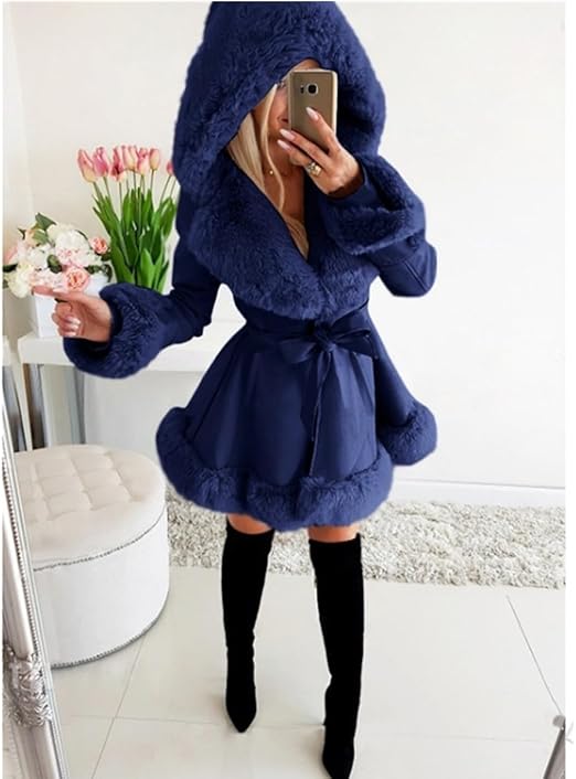 Querina - Eleganter Damen Pelzmantel Marineblau