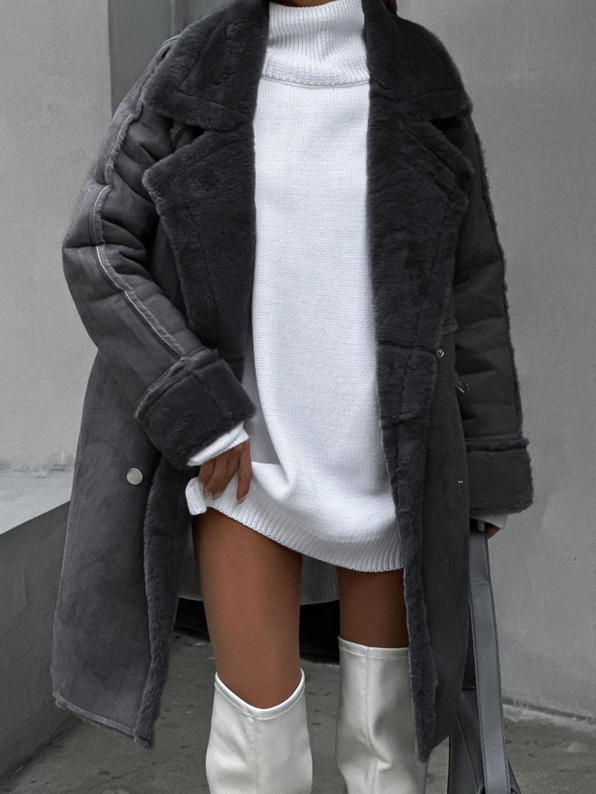 Quirita - Luxuriöser Damen Fleece Mantel Grau