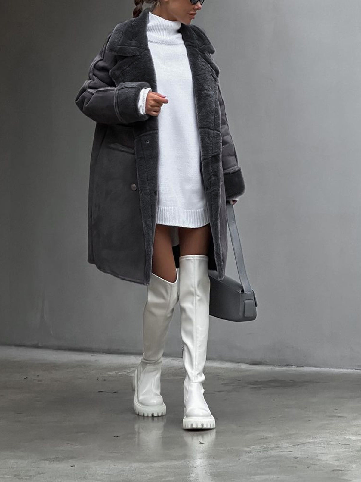 Quirita - Luxuriöser Damen Fleece Mantel Grau