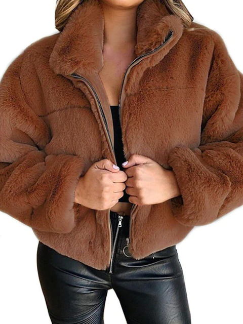 Regine - Damen Winter Plüschjacke Warm Kuschelig Kastanienbraun