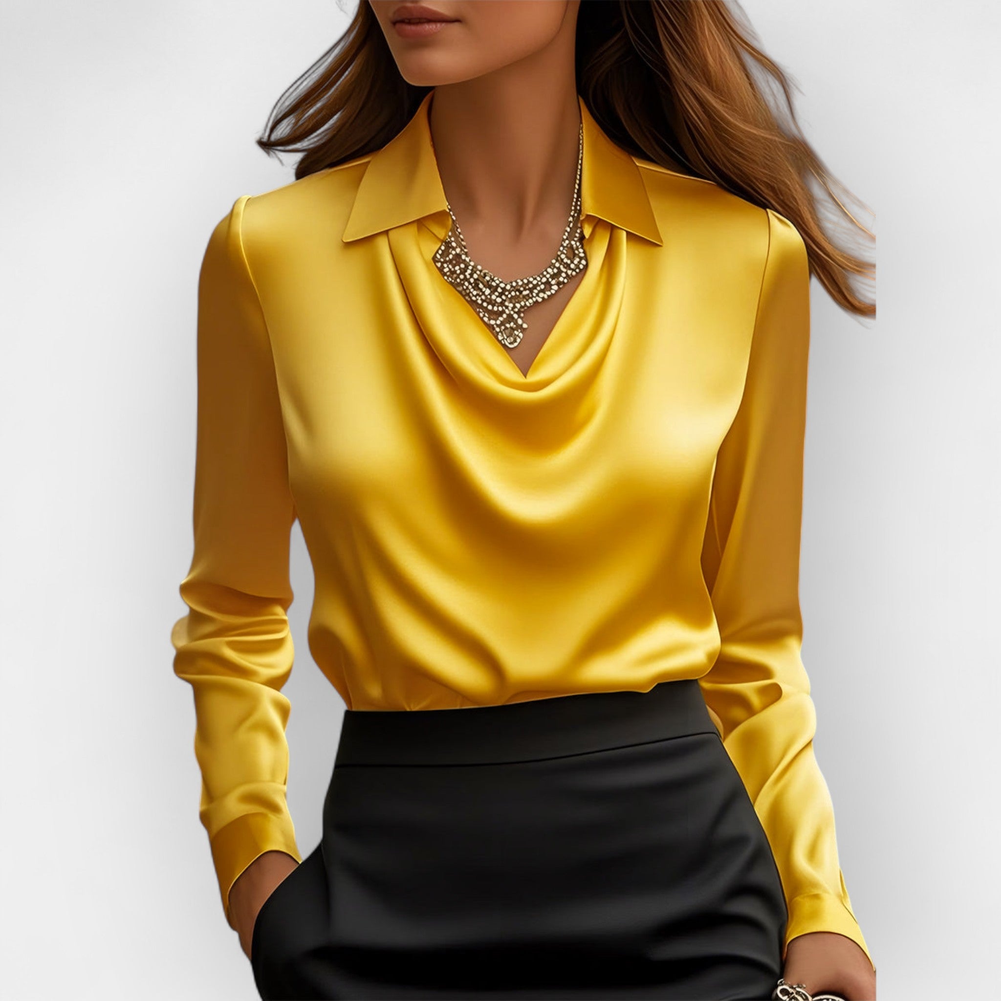 Rina - Elegante Damen Satinbluse mit Wasserfallkragen Gelb