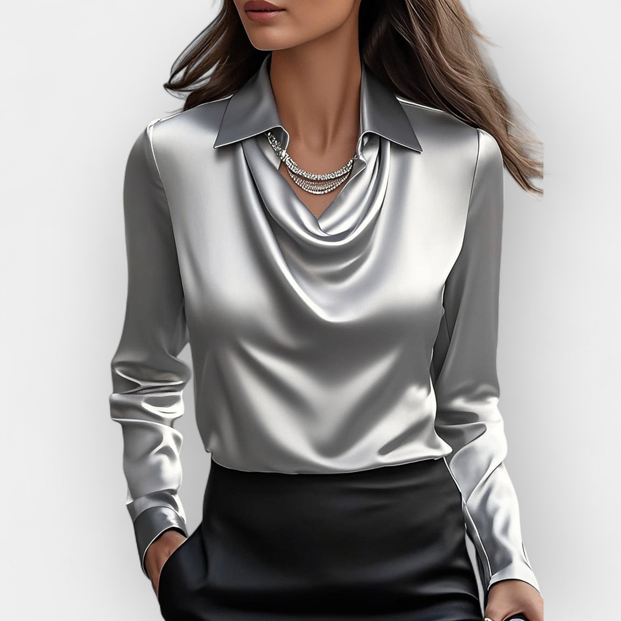 Rina - Elegante Damen Satinbluse mit Wasserfallkragen Grau
