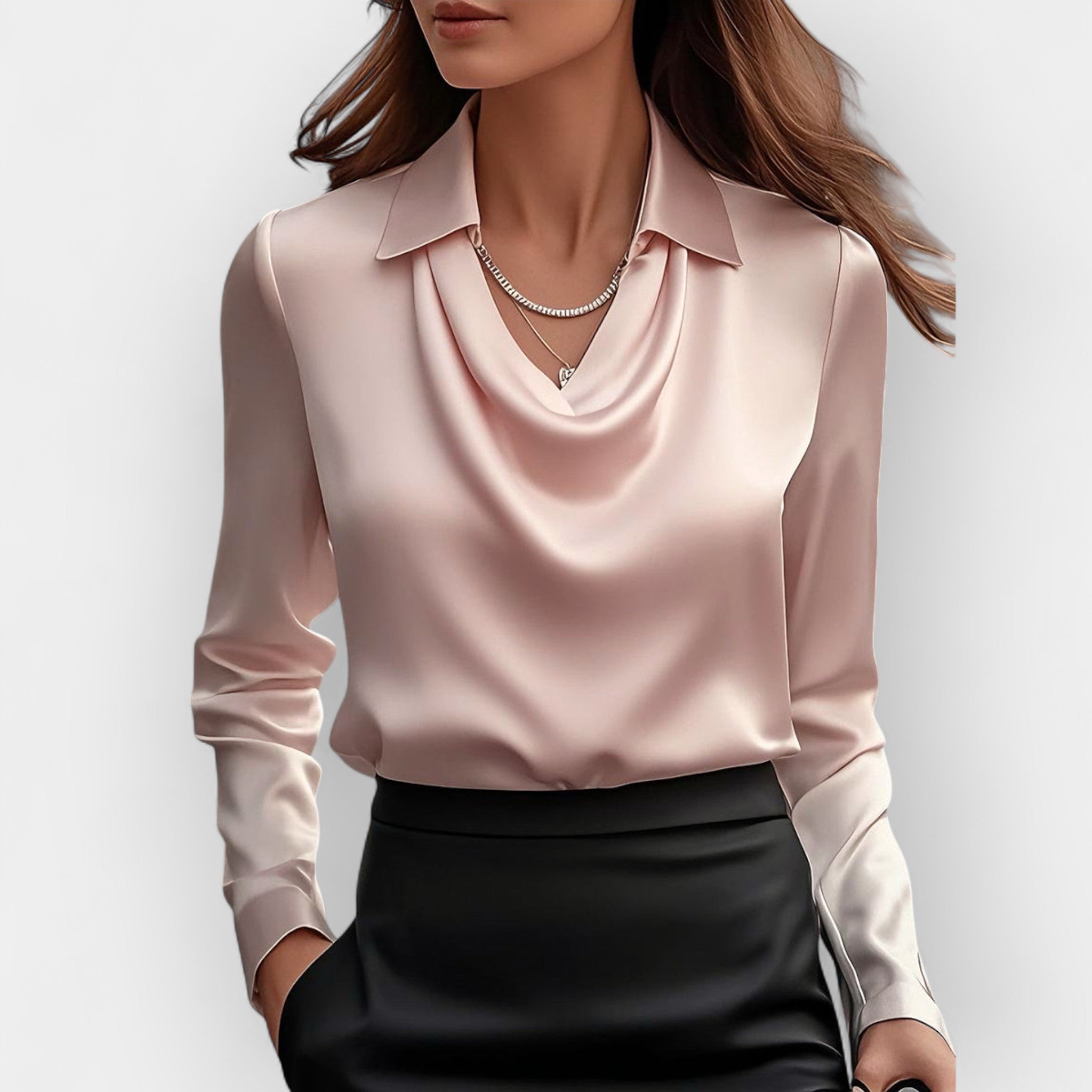Rina - Elegante Damen Satinbluse mit Wasserfallkragen Rosa