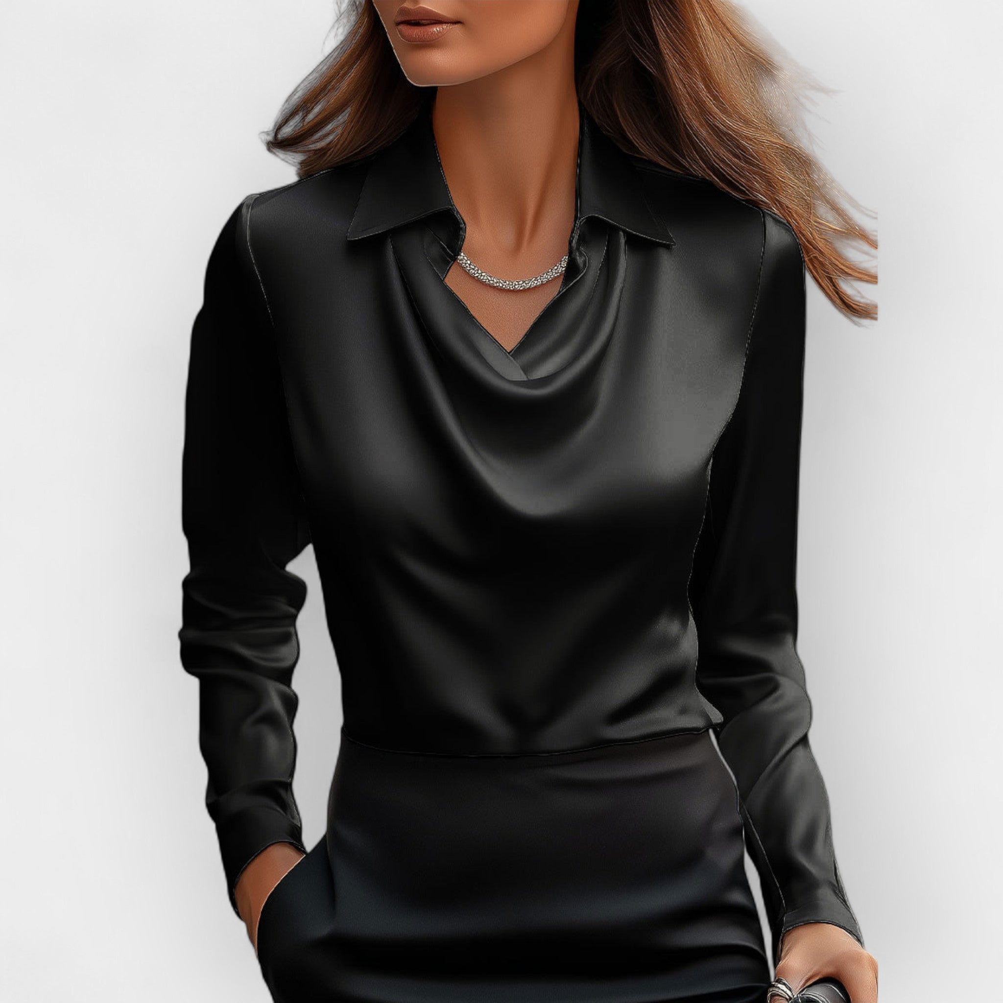 Rina - Elegante Damen Satinbluse mit Wasserfallkragen Schwarz