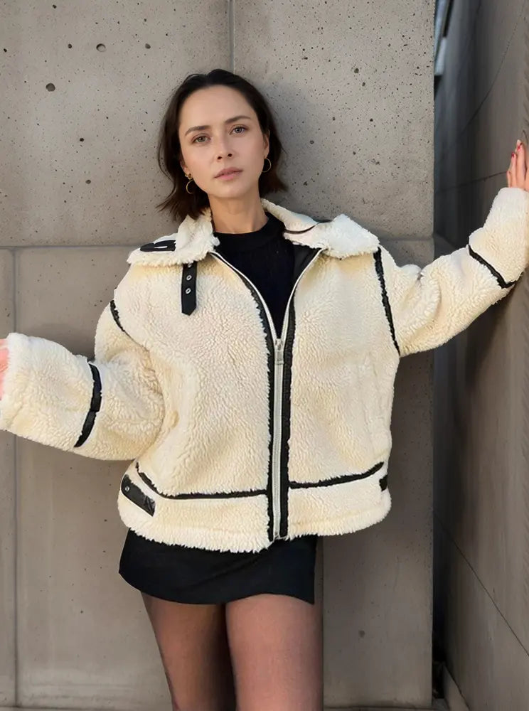Romy - Damen Jacke Lässig Warm Pelzkragen Farbblock Creme