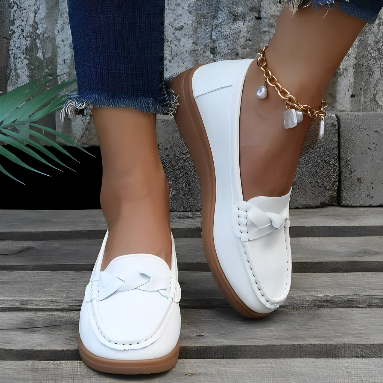 Roselith - Weiches Leder Slip-On Sneakers Bequeme Loafer Schuhe WeiB