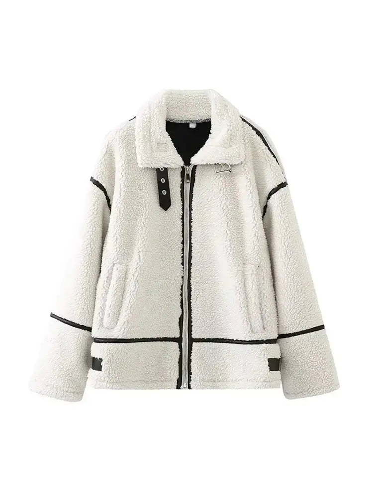 Romy - Damen Jacke Lässig Warm Pelzkragen Farbblock