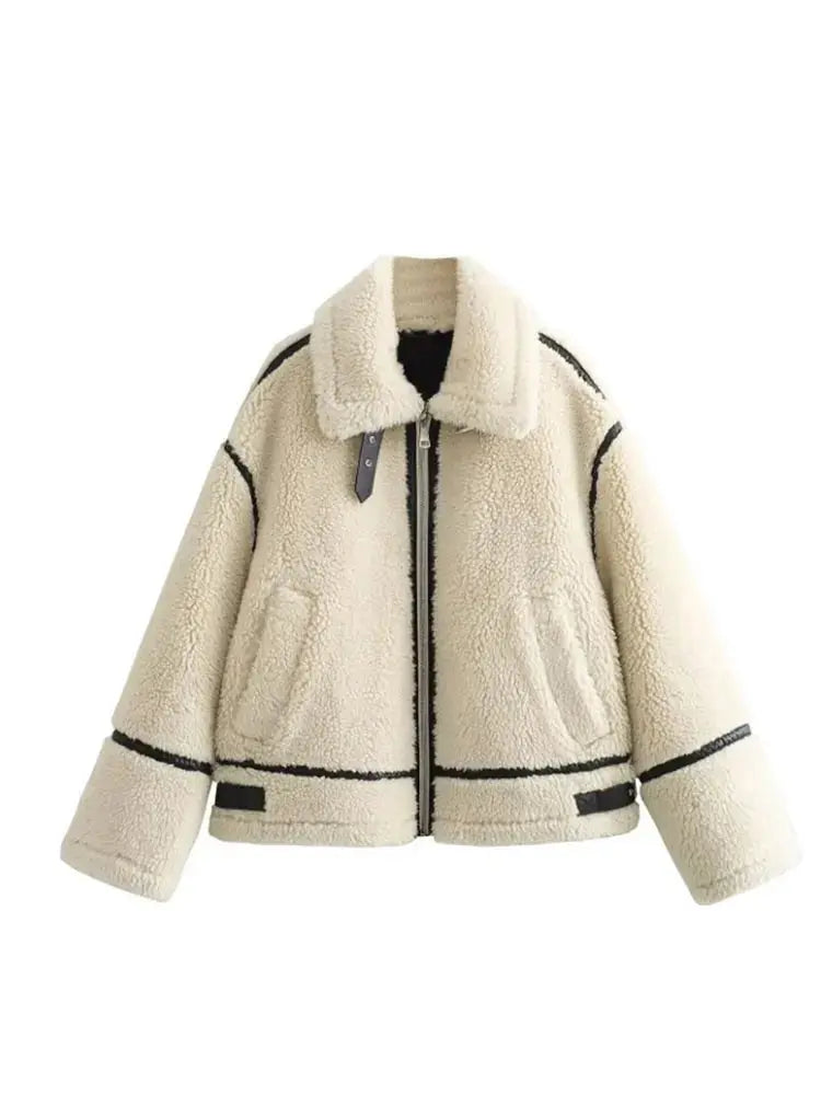 Romy - Damen Jacke Lässig Warm Pelzkragen Farbblock