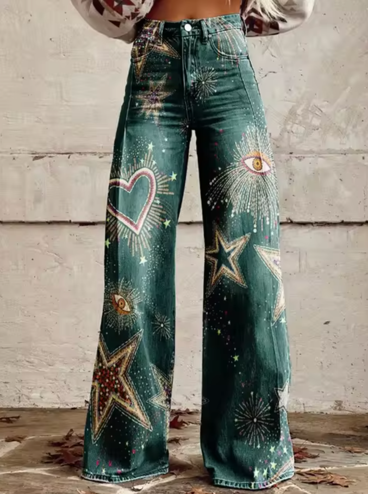 Thekla - Damen-weite Jeans mit bedrucktem Design Grun