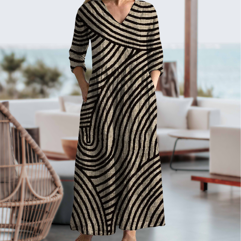 Tildaine - Damen-Kleid mit Vintage-Streifen, V-Ausschnitt und Taschen Braun 2