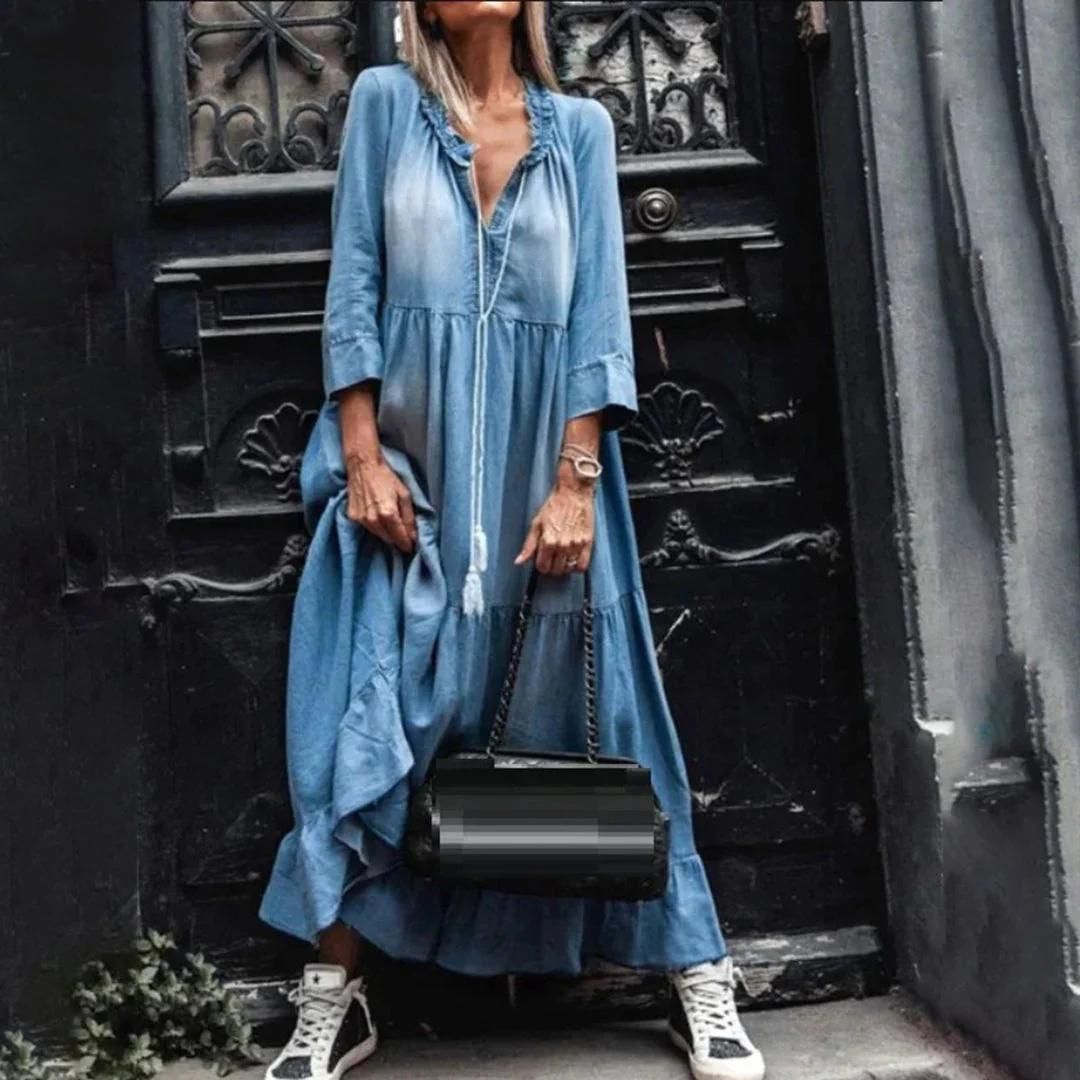 Tjarda - Damen Sommer Jeans-Maxikleid mit Rüschen and Langen Ärmeln Blau