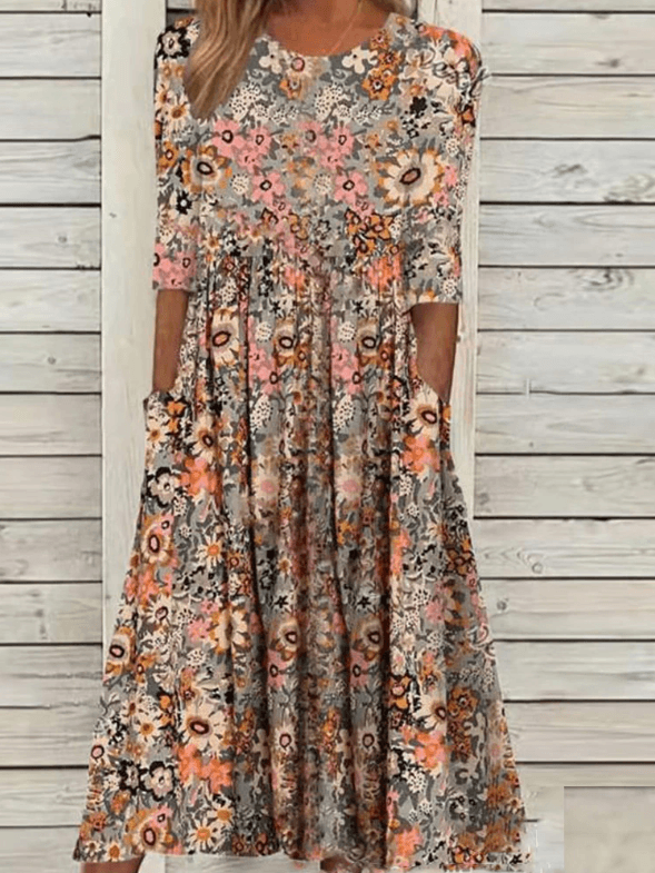 Trudine - Damen Sommer Blumenmuster Midikleid Beige