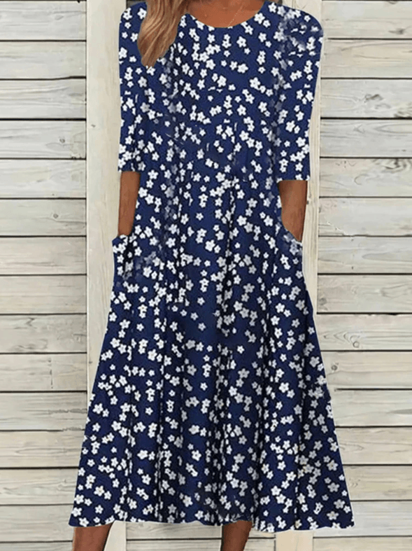 Trudine - Damen Sommer Blumenmuster Midikleid Blau