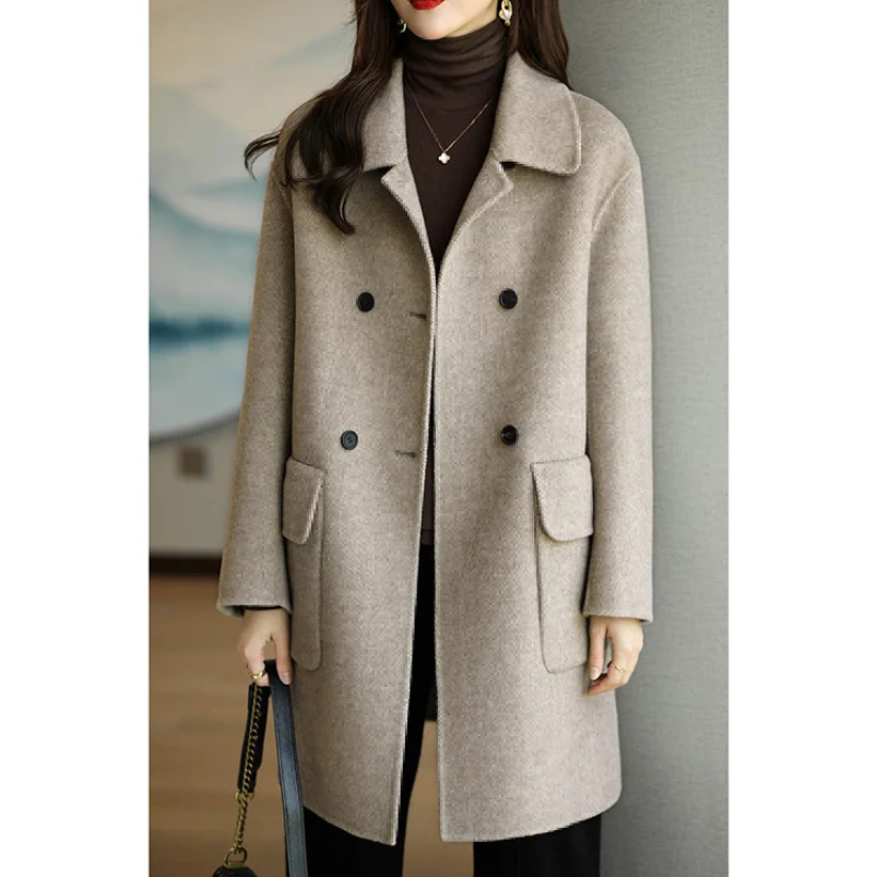 Gina - Eleganter Zweireihiger Damenmantel mit Kragen & Taschen