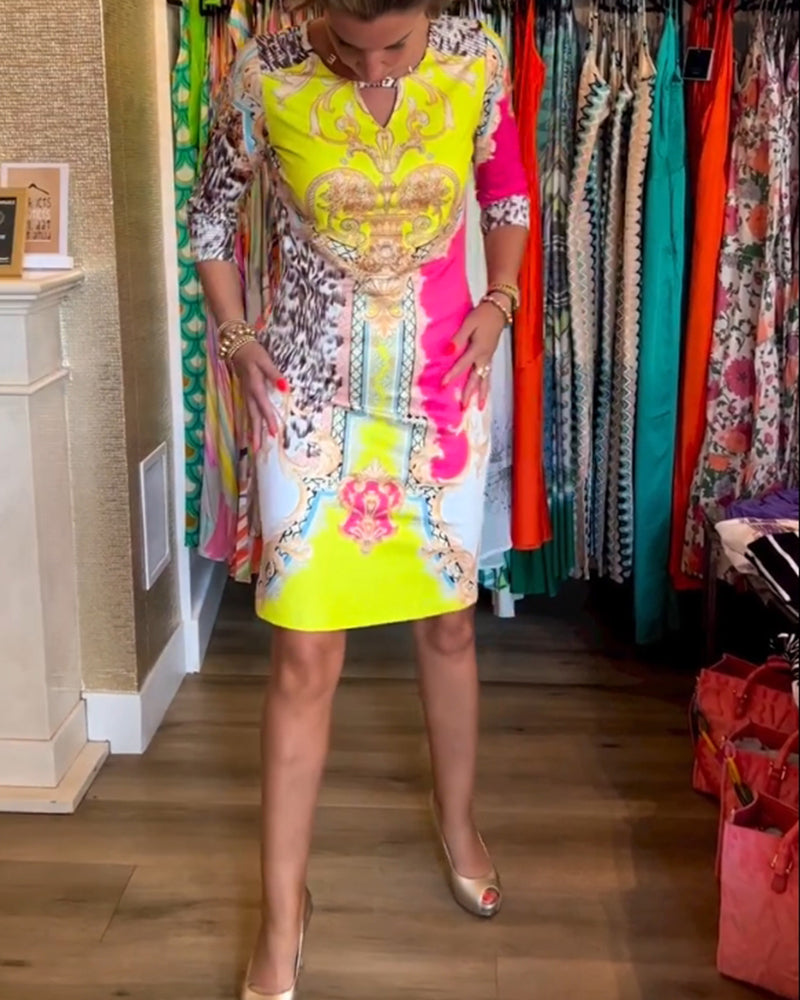 Verelina - Bedrucktes Kleid mit halblangen Ärmeln und Ausschnitten Gelb 3