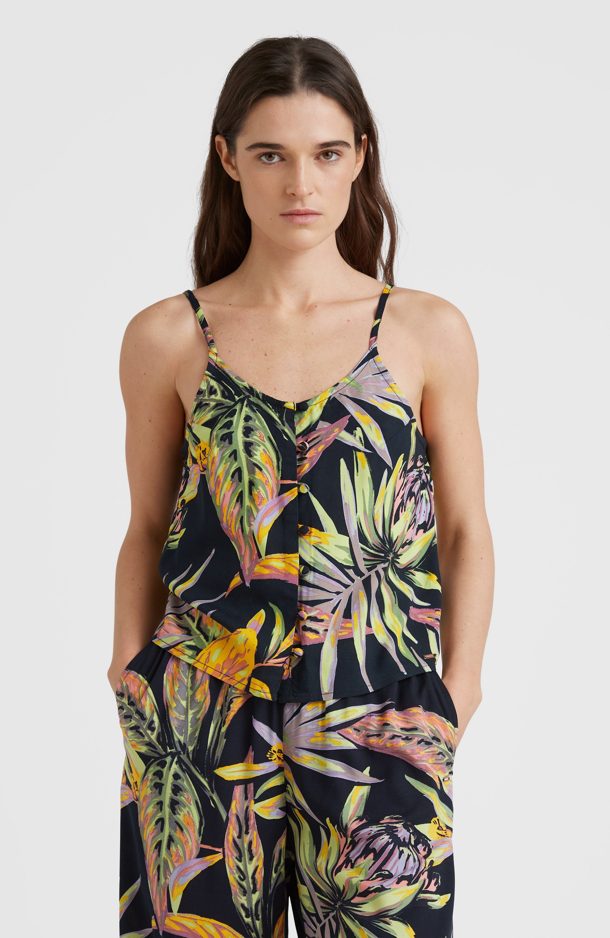 Ylva - Schwarzes Tanktop mit tropischem Blumenmuster