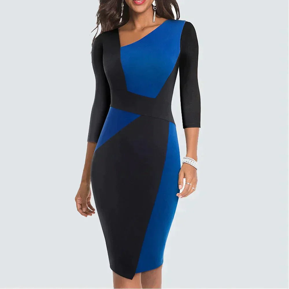 Yvaine – Einzigartiges Patchwork Bleistiftkleid für Damen Blau und Schwarz
