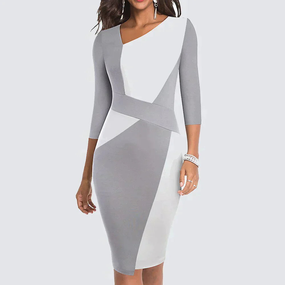 Yvaine – Einzigartiges Patchwork Bleistiftkleid für Damen Weiß und Grau