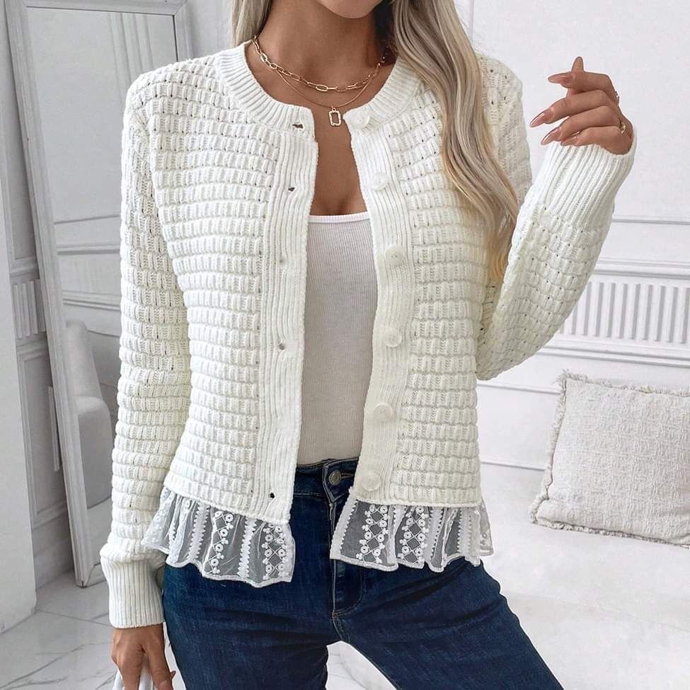 Hermina – Weißer Round Neck Cardigan für Damen