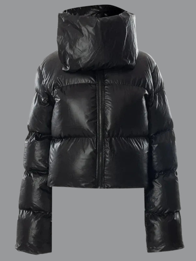 Dominique - Glänzende Damen Pufferjacke Kurz Mit Kapuze