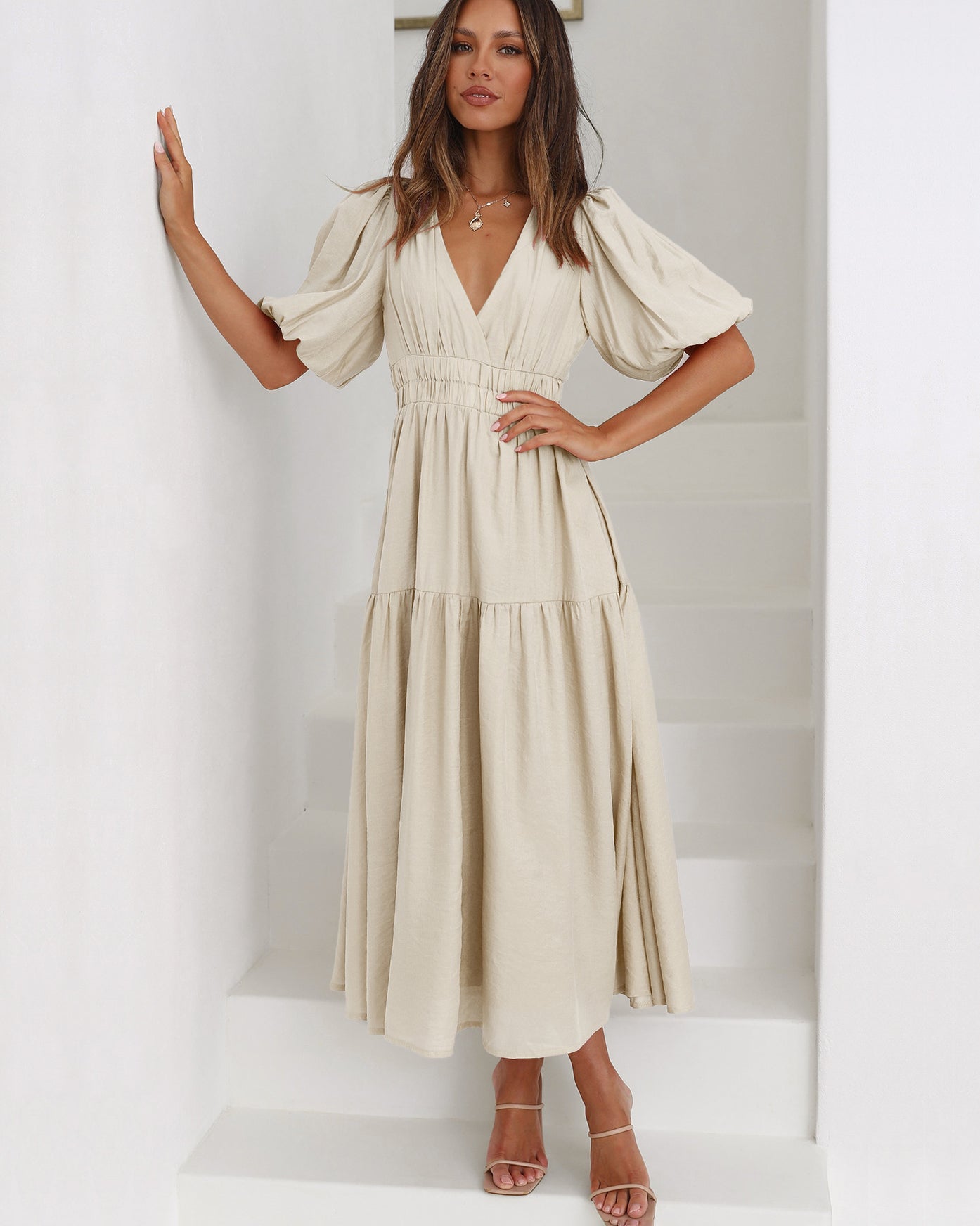 Patricia – Midikleid Damen Stufenrock Puffärmel Romantisch Sommer