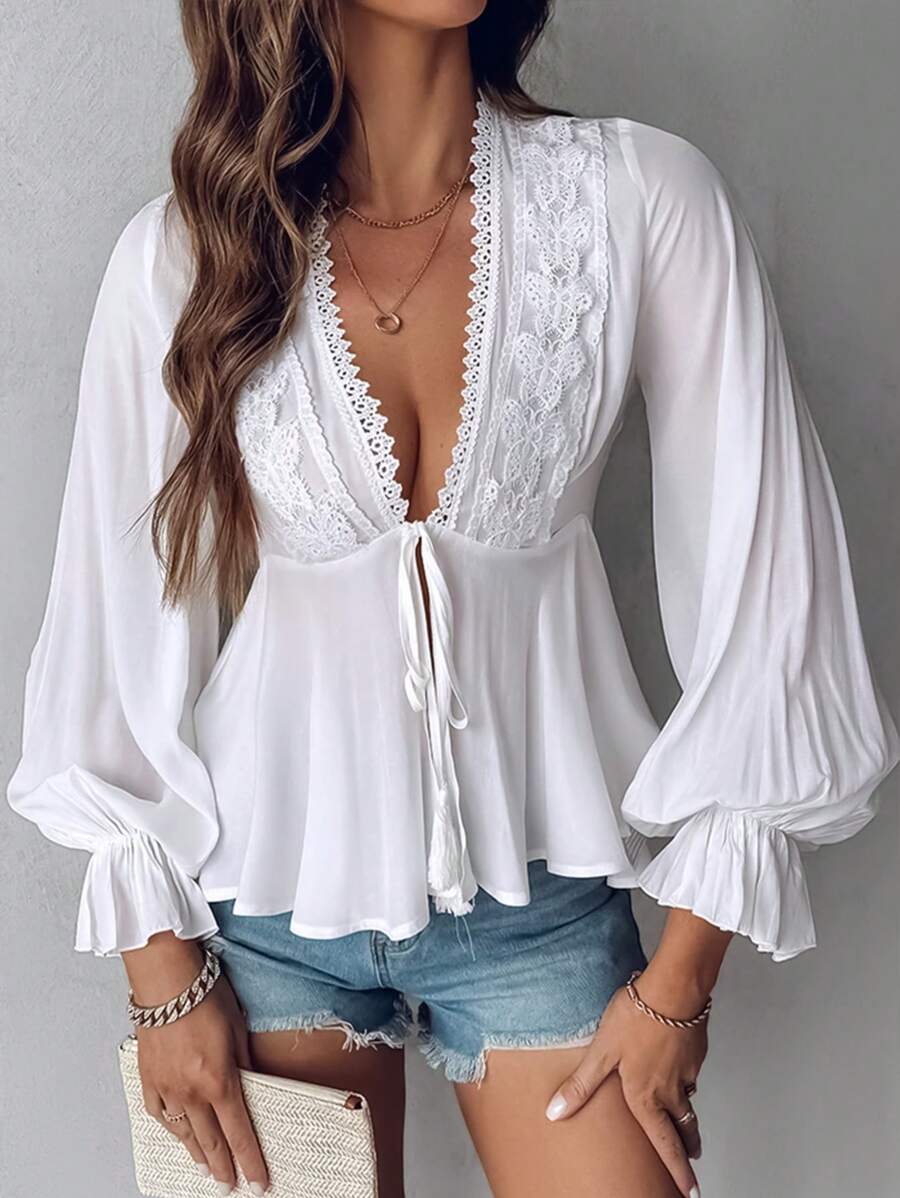 Annelie – Spitzen Patchwork Bluse Damen Peplum Elegant