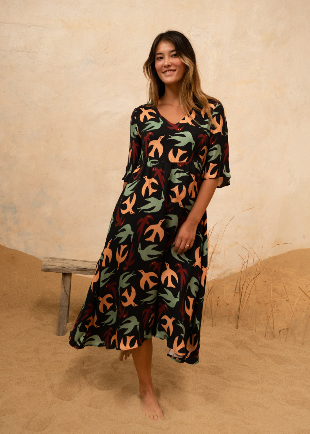 Alina – Buntes Fortuna Herbstvögel-Kleid 1