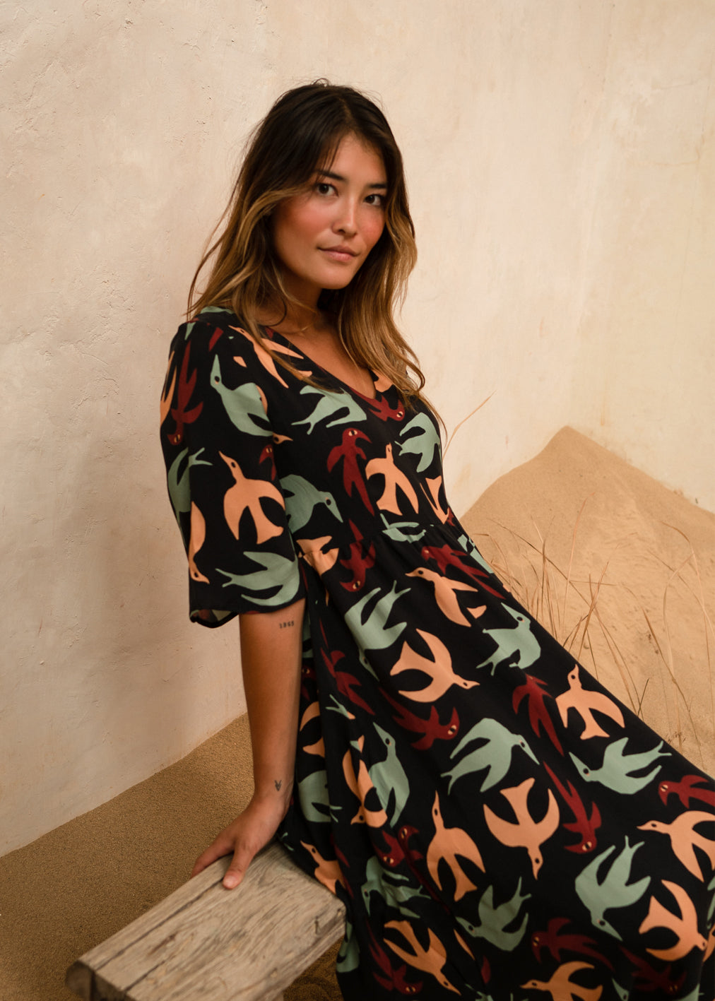 Alina – Buntes Fortuna Herbstvögel-Kleid 4