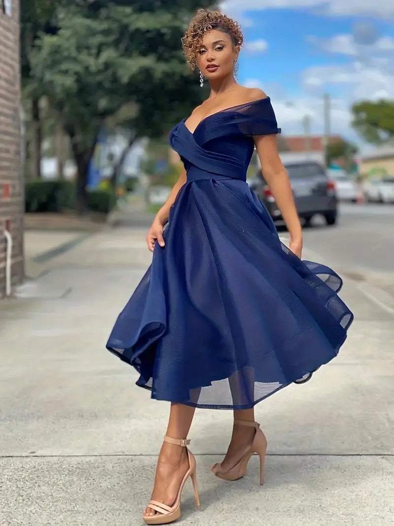 Aline - Damen Abendkleid Midi Blau