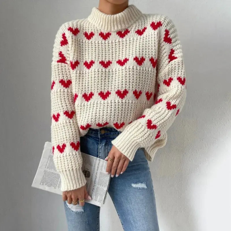 Amelie - Verspielter Strickpullover mit Herzmuster Für Damen Weiß