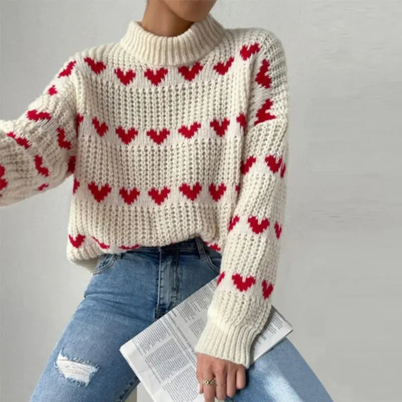 Amelie - Verspielter Strickpullover mit Herzmuster Für Damen Weiß