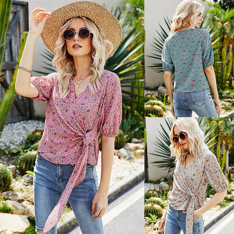 Angela- Damen Wickelbluse mit floralem Muster