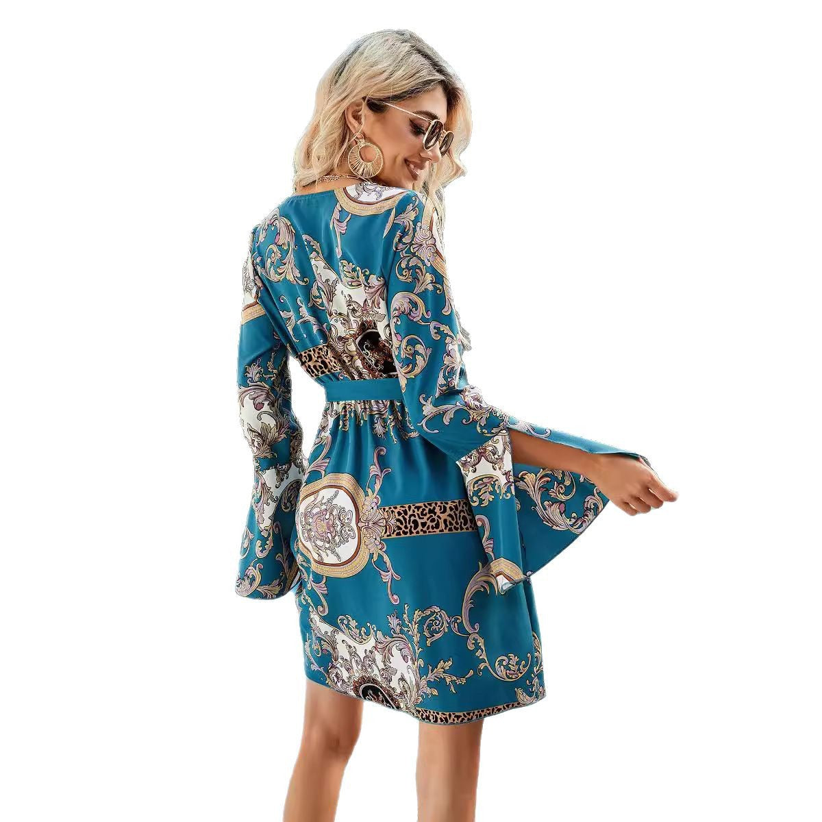 Angelika- Damen Vintage Wickelkleid mit eleganten Ärmelverzierungen Himmelblau 3-0-cib