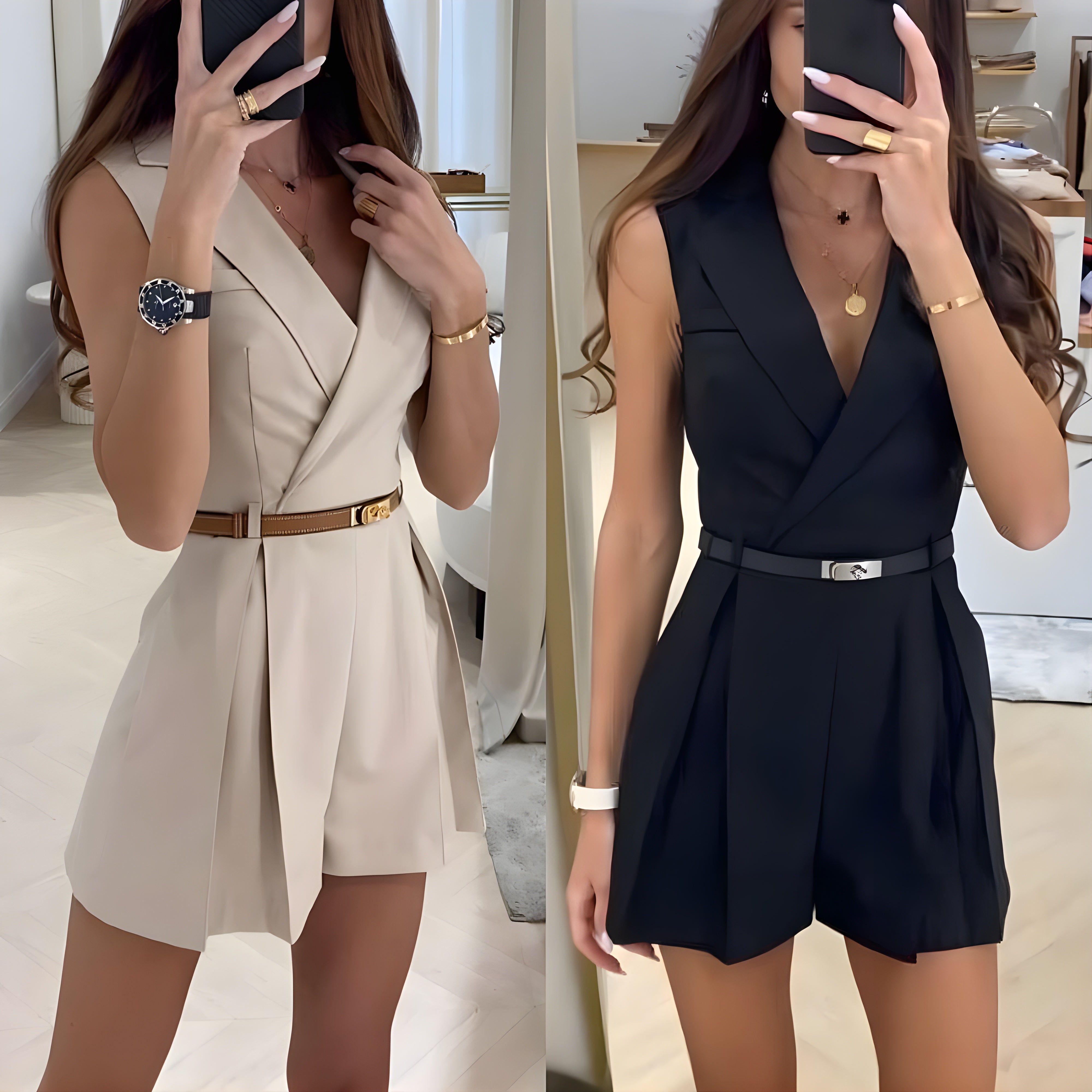 Angelika – Regina Romper mit Gürtel für Damen Schwarz & Beige