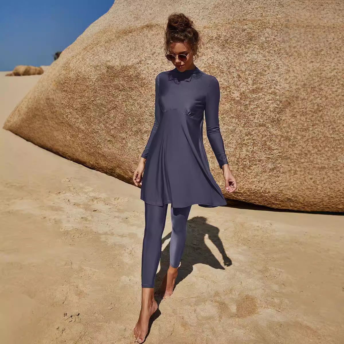 Anna- Damen Sportliches Strandkleid mit langen Ärmeln Graublau 1
