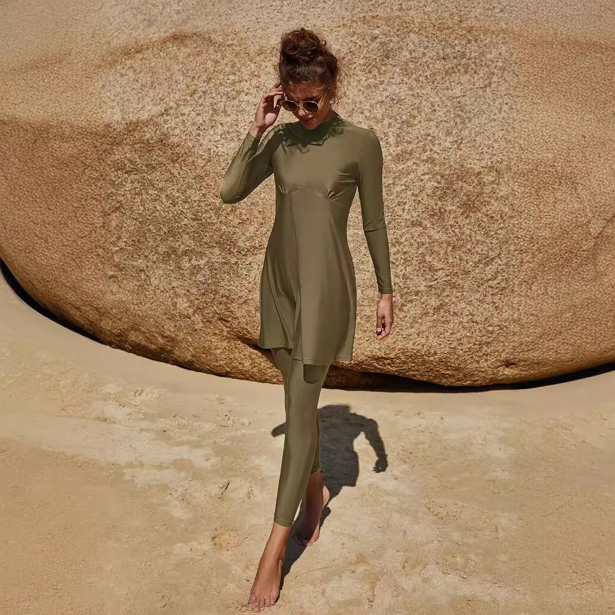 Anna- Damen Sportliches Strandkleid mit langen Ärmeln Olivgrün
