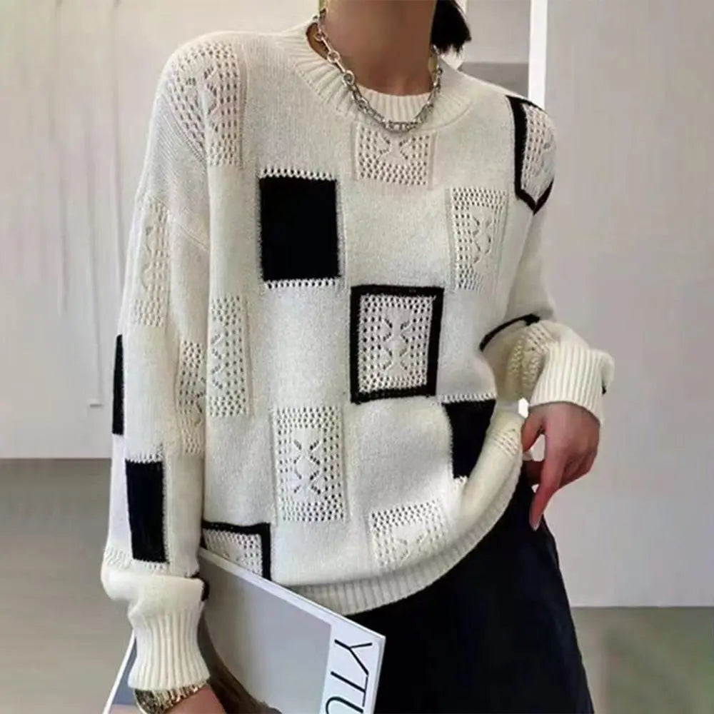 Annamaria - Geometric Knit Sweater with Relaxed Fit for Women Weiß