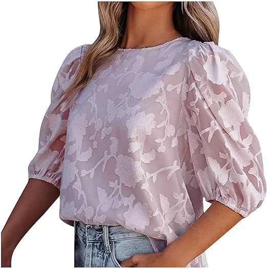 Annelore - Damen Puffärmel Bluse 3/4 Ärmel Rosa