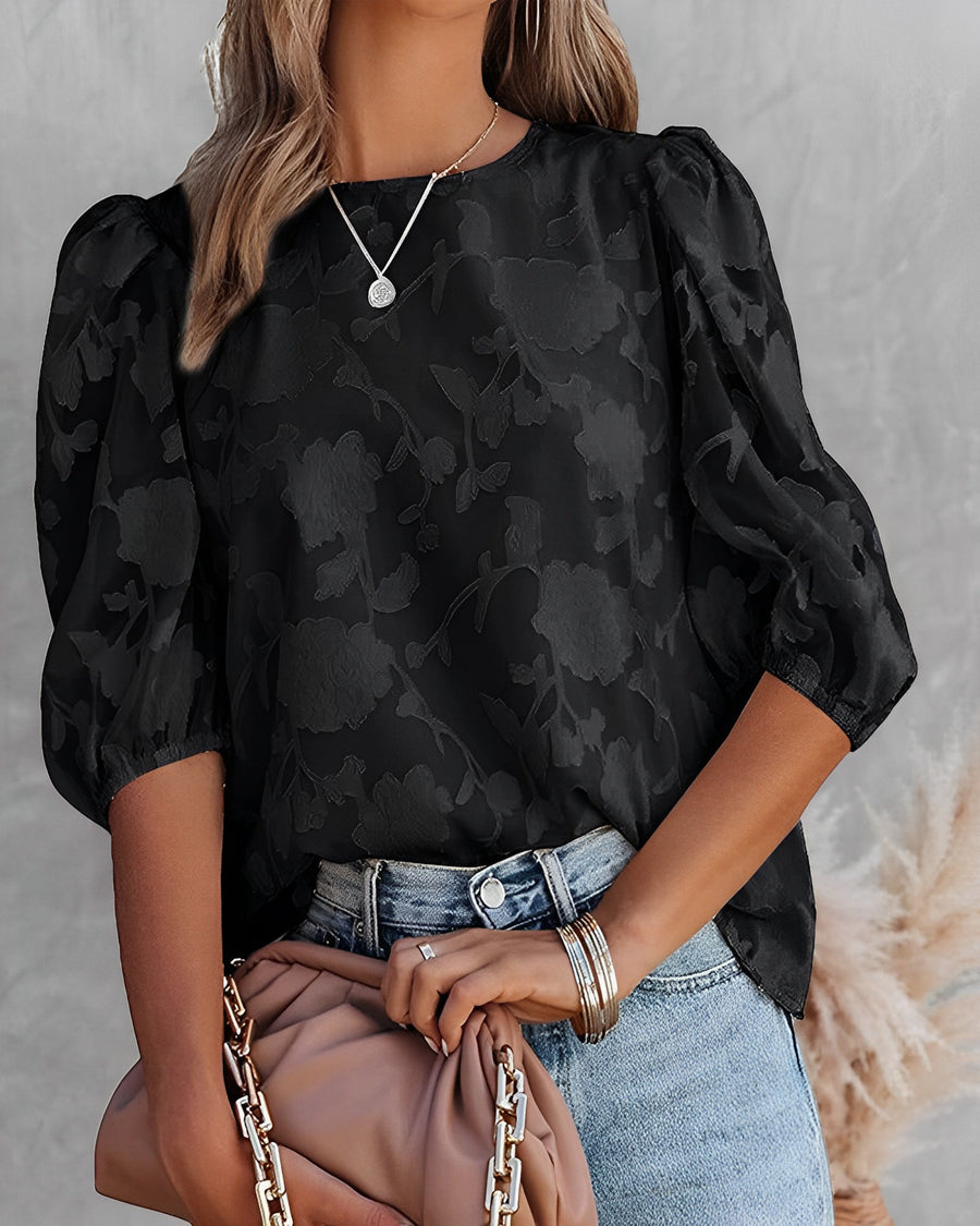 Annelore - Damen Puffärmel Bluse 3/4 Ärmel Schwarz