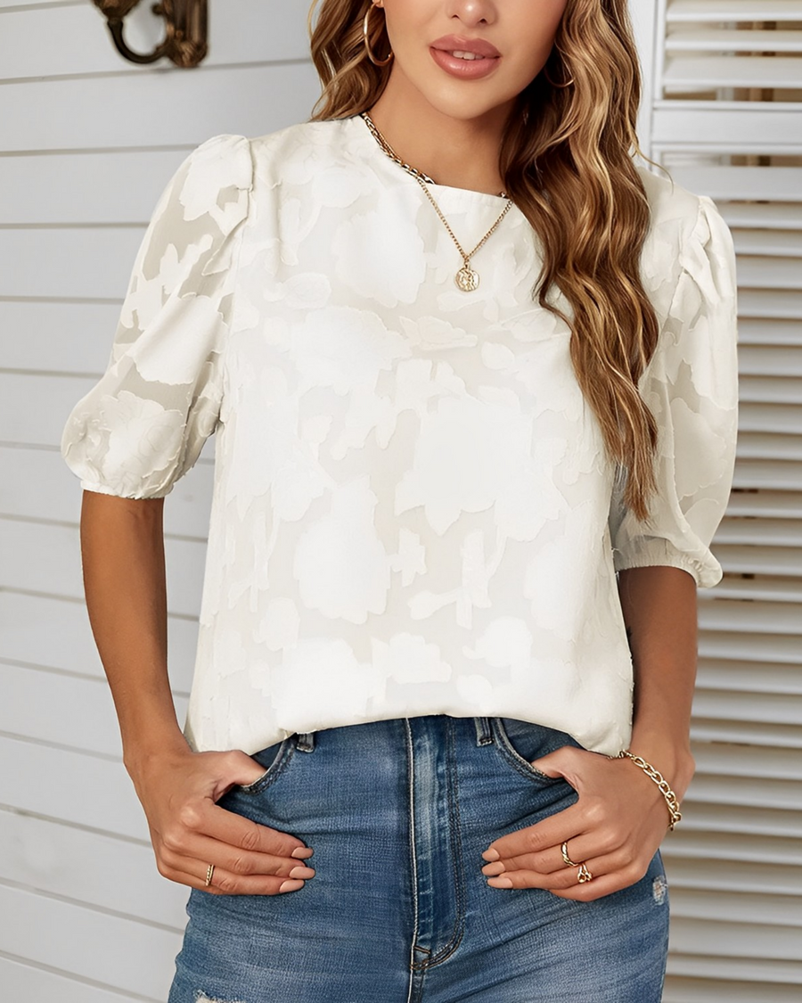 Annelore - Damen Puffärmel Bluse 3/4 Ärmel Weiß