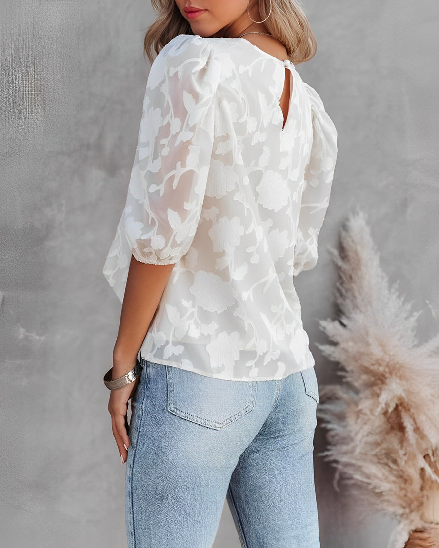 Annelore - Damen Puffärmel Bluse 3/4 Ärmel Weiß 2