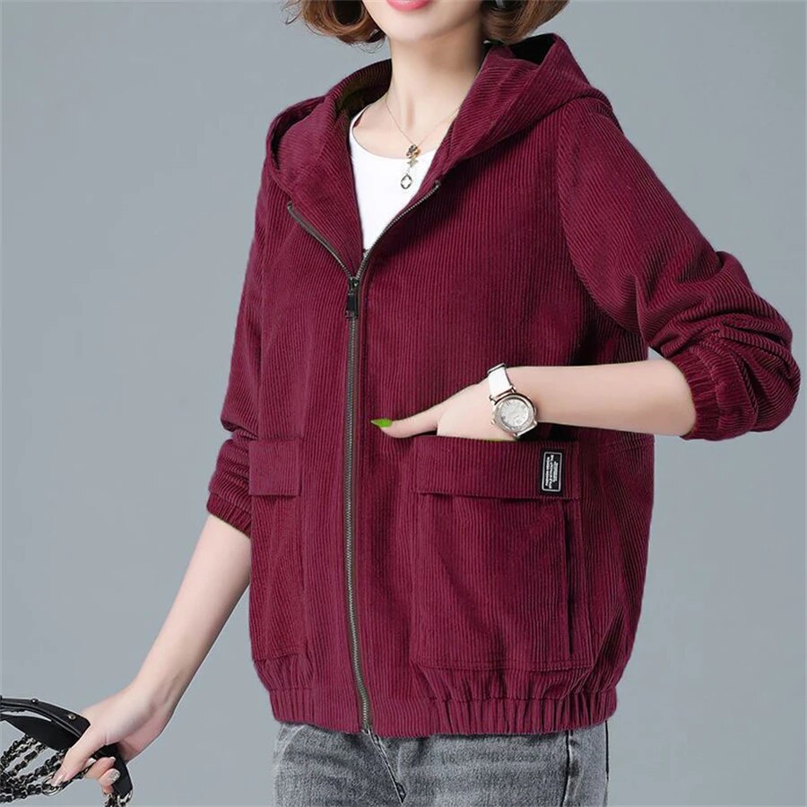 Doreen - Damen Zip-Up Kapuzenjacke aus Cord mit großen Taschen