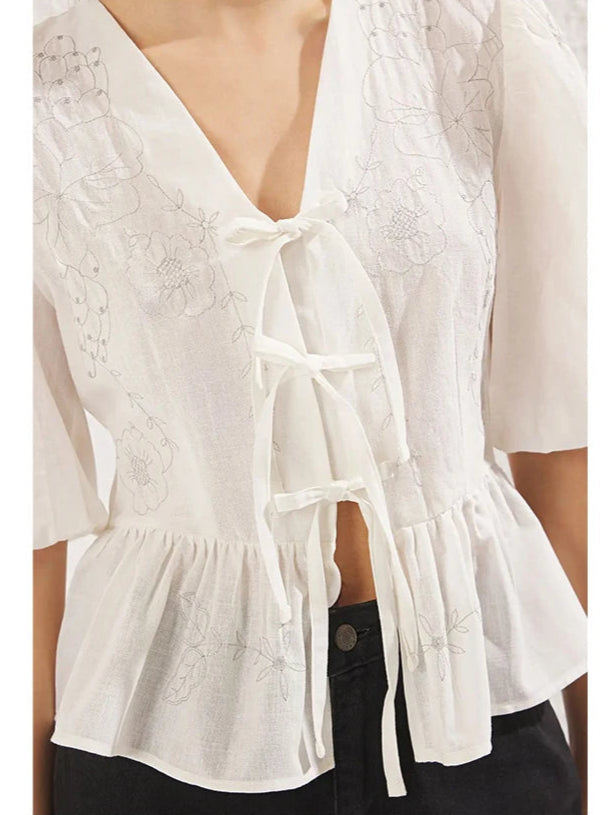 Bärbel - Damen Schnürbluse Puffärmel Weiß 4