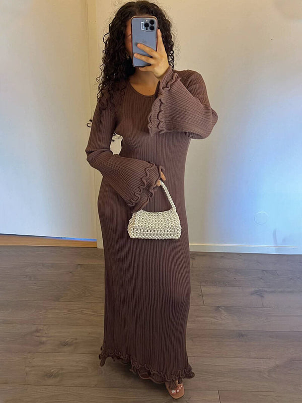 Barbara - Damen Rüschen Ausgestelltes Fließendes Kleid Braun