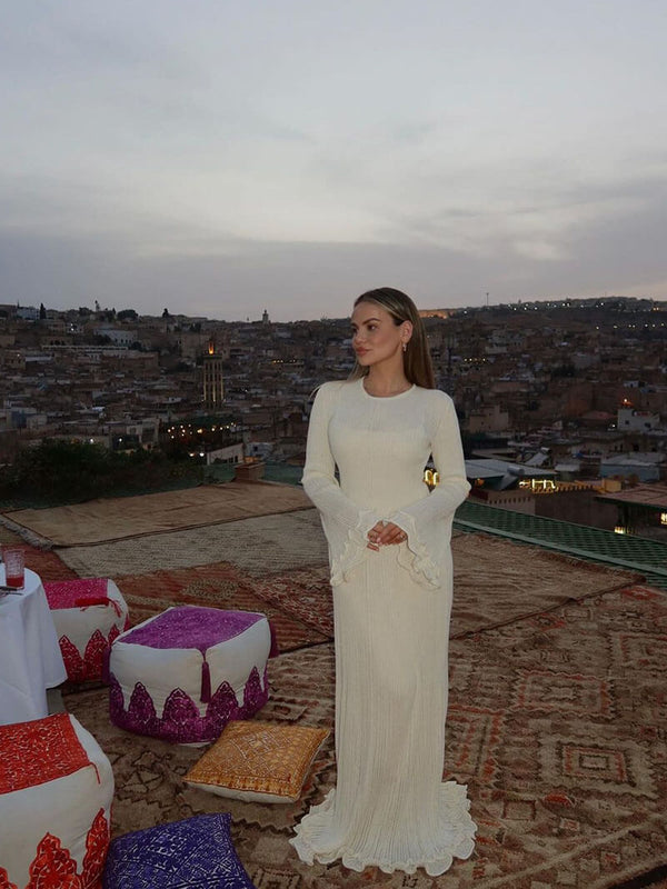 Barbara - Damen Rüschen Ausgestelltes Fließendes Kleid Weiß