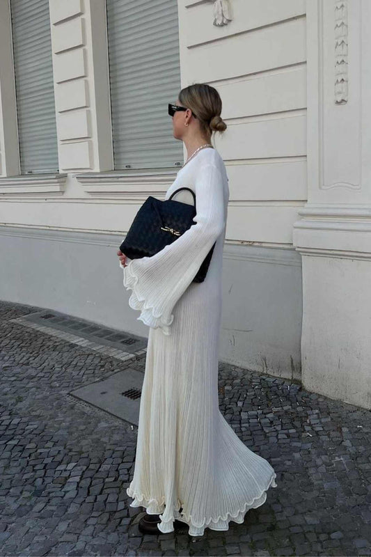 Barbara - Damen Rüschen Ausgestelltes Fließendes Kleid Weiß2