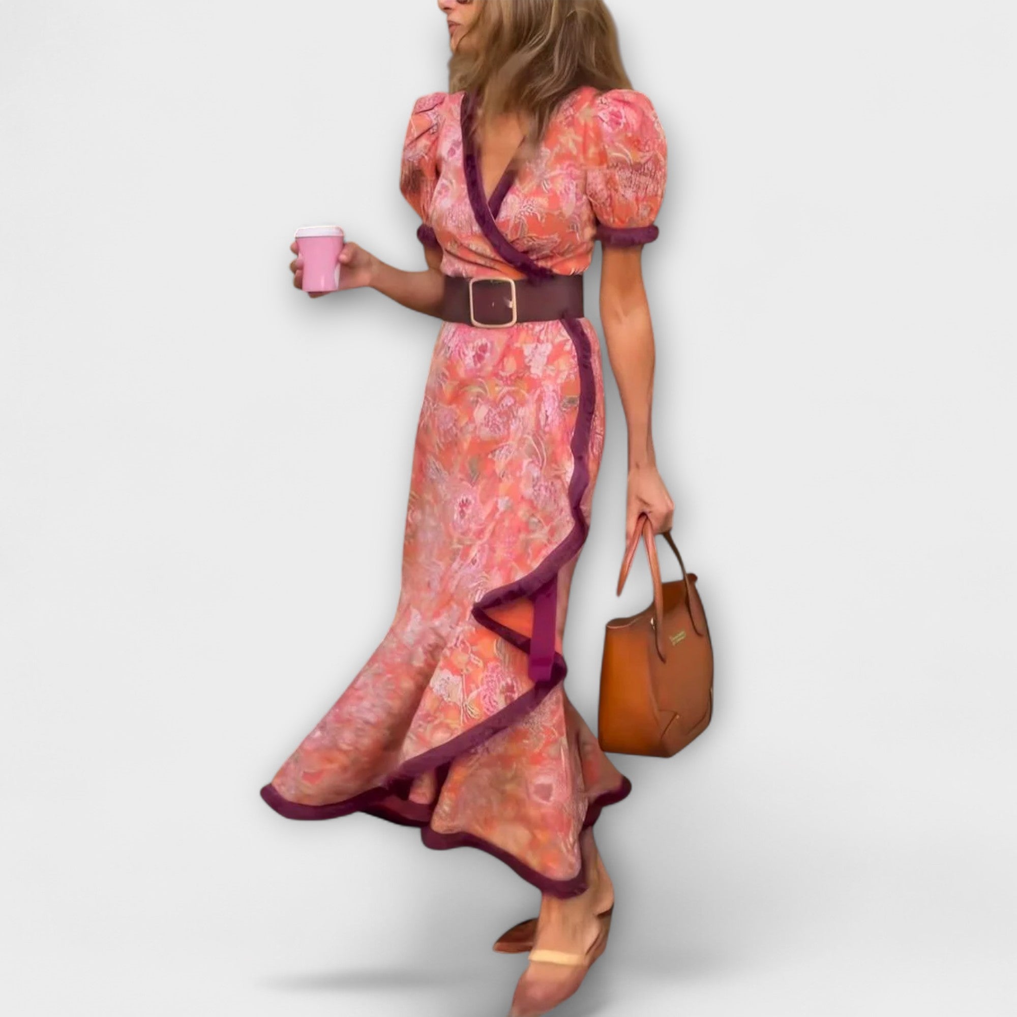 Belinda - Elegantes Rosa Maxi-Kleid mit kurzen Ärmeln Rosa