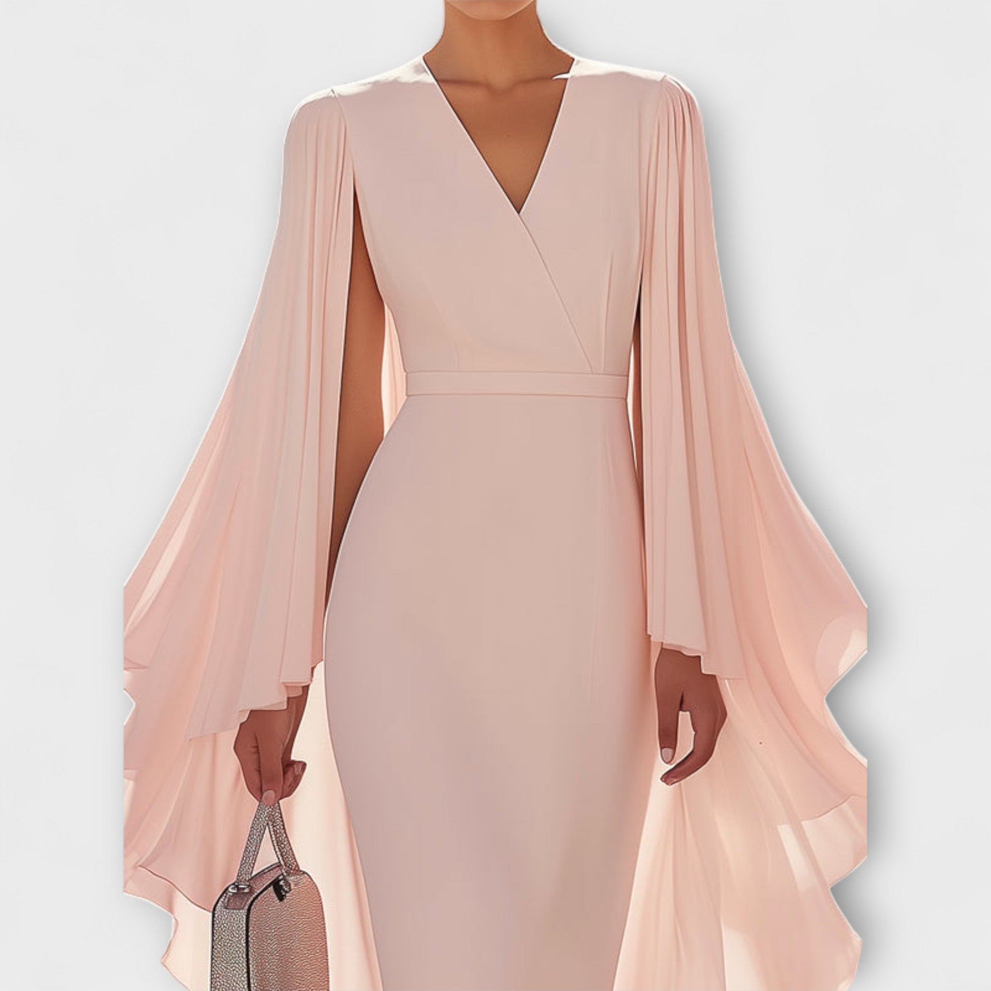Blenda - Hellrosa Midi-Kleid mit V-Ausschnitt und Chiffon-Ärmel Rosa